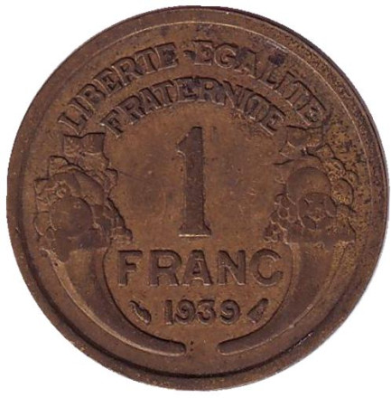Монета 1 франк. 1939 год, Франция.