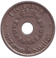 Монета 1 крона. 1927 год, Норвегия. Монета 1 крона. 1927 год, Норвегия.