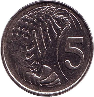 Монета 5 центов. 1996 год, Каймановы острова. Розово-пятнистая креветка.