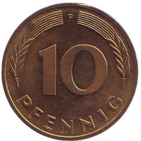 Дубовые листья. Монета 10 пфеннигов. 1987 год (F), ФРГ.