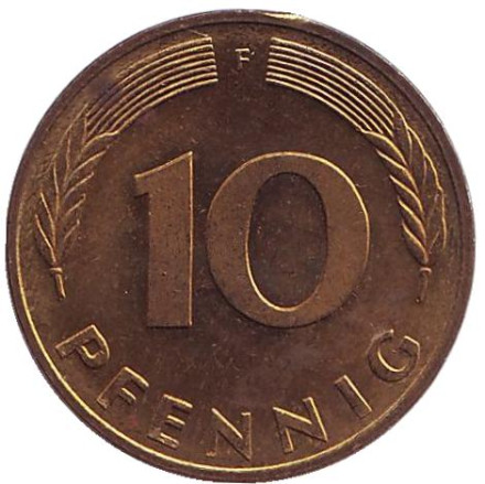 Монета 10 пфеннигов. 1987 год (F), ФРГ. Дубовые листья.