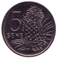 Монета 5 сене. 2010 год, Самоа. Ананас. Монета 5 сене. 2010 год, Самоа. Ананас.