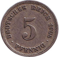 Монета 5 пфеннигов. 1906 год (D), Германская империя.