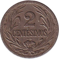 Монета 2 сентесимо. 1924 год, Уругвай.