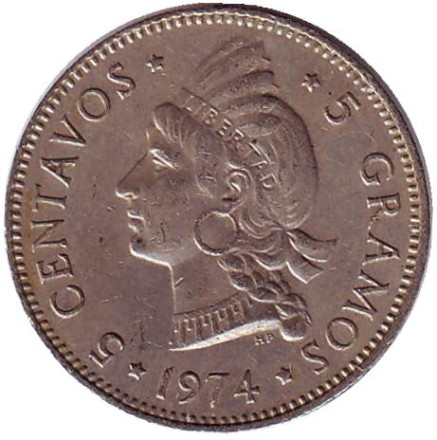 Монета 5 сентаво. 1974 год, Доминиканская Республика. Принцесса.