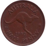 Монета 1/2 пенни. 1950 год, Австралия. Кенгуру. Монета 1/2 пенни. 1950 год, Австралия. Кенгуру.