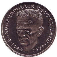 Курт Шумахер. Монета 2 марки. 1982 год (F), ФРГ. UNC.