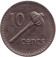 Метательная дубинка - ула тава тава. Монета 10 центов. 1985 год, Фиджи.
