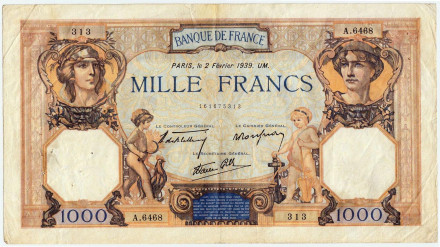 Банкнота 1000 франков. 1939 год, Франция.
