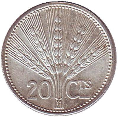 Монета 20 сентесимо. 1954 год, Уругвай.