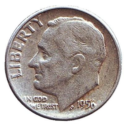 Монета 10 центов. 1956 год, США. Без обозначения монетного двора. Рузвельт.