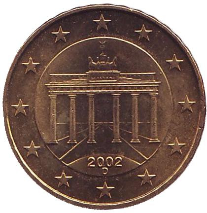 Монета 10 центов. 2002 год (D), Германия.