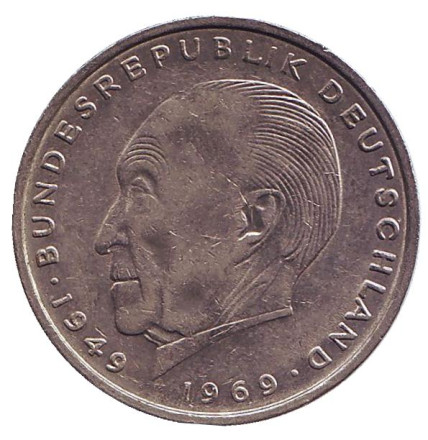 Монета 2 марки. 1976 год (D), ФРГ. Конрад Аденауэр.