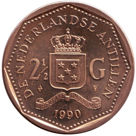 Монета 2,5 гульдена. 1990 год, Нидерландские Антильские острова.