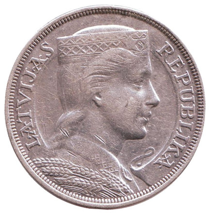 Монета 5 латов, 1932 год, Латвия. Милда.
