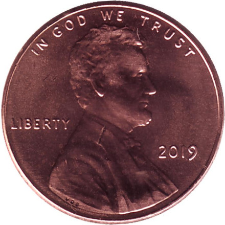 Монета 1 цент. 2019 год (Без отметки монетного двора), США. Линкольн.