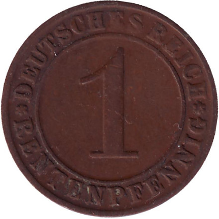 Монета 1 рентенпфенниг. 1924 год (D), Веймарская республика.