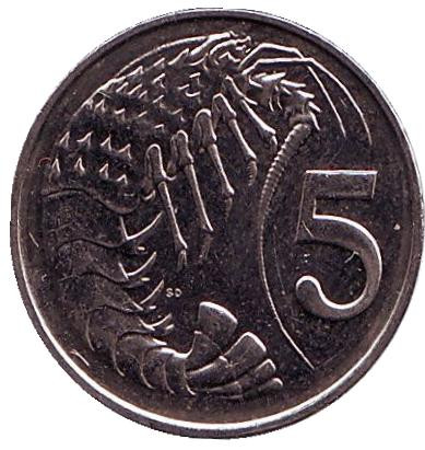Монета 5 центов. 2002 год, Каймановы острова. Розово-пятнистая креветка.