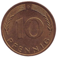 Дубовые листья. Монета 10 пфеннигов. 1988 год (D), ФРГ.