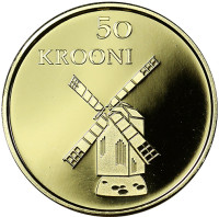 90-летие Эстонской Республики. Мельница. Золотая монета 50 крон. 2008 год, Эстония.