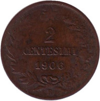 Монета 2 чентезимо. 1906 год, Италия.