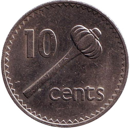 Монета 10 центов. 1987 год, Фиджи. Метательная дубинка - ула тава тава.