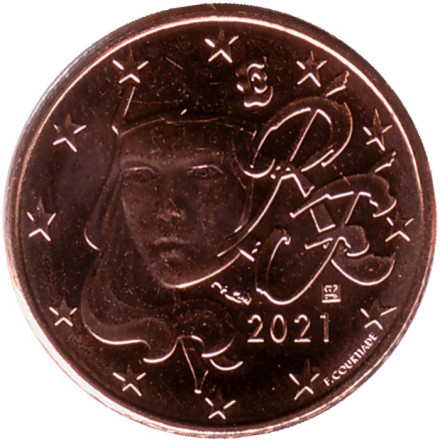 Монета 1 цент. 2021 год, Франция.