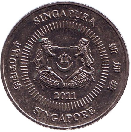 Монета 50 центов. 2011 год, Сингапур. Алламанда. Монета 50 центов. 2011 год, Сингапур. Алламанда.
