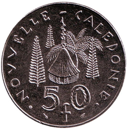 Монета 50 франков. 1983 год, Новая Каледония. UNC. Хижина островитян.