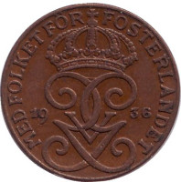 Монета 1 эре. 1936 год, Швеция. (короткая "6")