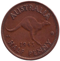 Кенгуру. Монета 1/2 пенни. 1943 год, Австралия. (Без точки)