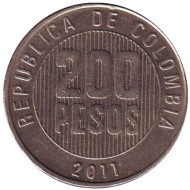Монета 200 песо. 2011 год, Колумбия. Монета 200 песо. 2011 год, Колумбия.