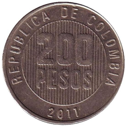 Монета 200 песо. 2011 год, Колумбия.