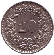 Монета 20 раппенов. 1964 год, Швейцария. Монета 20 раппенов. 1964 год, Швейцария.