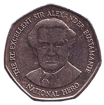Монета 1 доллар. 2008 год, Ямайка. Старый тип. Александр Бустаманте - национальный герой Ямайки.