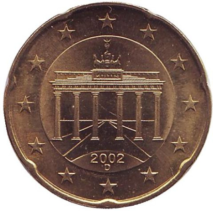Монета 20 центов. 2002 год (D), Германия.