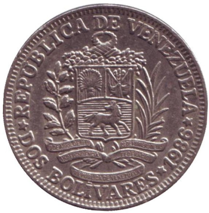 Монета 2 боливара. 1986 год, Венесуэла.