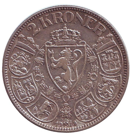 Монета 2 кроны. 1910 год, Норвегия. Король Хокон VII.