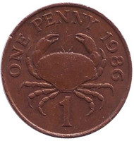 Краб. Монета 1 пенни, 1986 год, Гернси. 