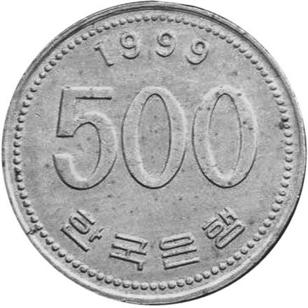 Монета 500 вон. 1999 год, Южная Корея. Маньчжурский журавль.