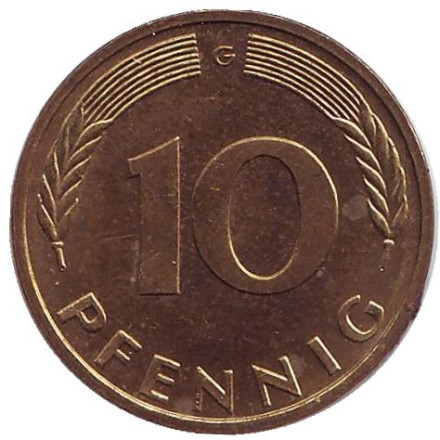 Монета 10 пфеннигов. 1988 год (G), ФРГ. Дубовые листья.