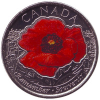100 лет стихотворению "На полях Фландрии". Монета 25 центов. 2015 год, Канада. Цветная!