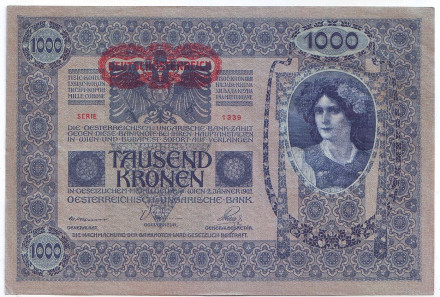Бона 1000 крон. 1902 (1919) год, Австрия. (Надпечатка). Тип 2. Tausend kronen - Ezer korona.