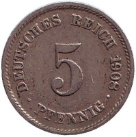 Монета 5 пфеннигов. 1908 год (G), Германская империя.