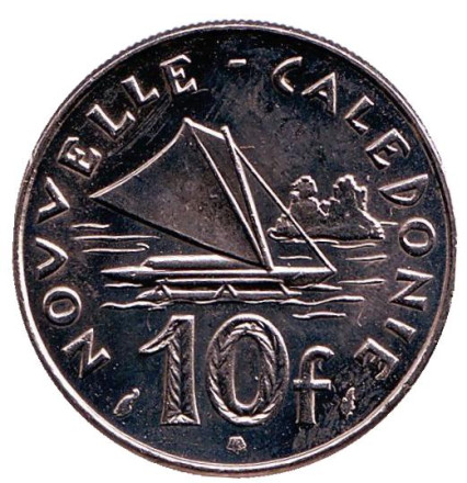 Монета 10 франков. 1986 год, Новая Каледония. UNC. Парусник.