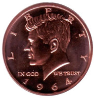 Джон Кеннеди. 50 центов 1964 года. Монетовидный жетон. Унция меди 999, США. Джон Кеннеди. 50 центов 1964 года. Монетовидный жетон. Унция меди 999, США.