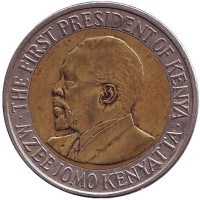 Джомо Кениата - первый президент Кении. Монета 20 шиллингов, 2010 год, Кения. Из обращения.