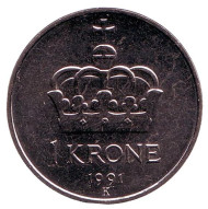 Монета 1 крона. 1991 год, Норвегия. UNC. Корона. Монета 1 крона. 1991 год, Норвегия. UNC. Корона.