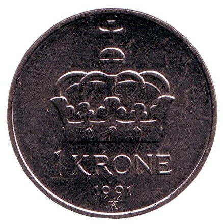 Монета 1 крона. 1991 год, Норвегия. UNC. Корона.