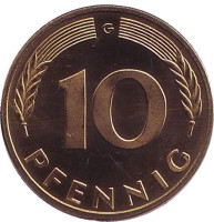 Дубовые листья. Монета 10 пфеннигов. 1982 год (G), ФРГ. UNC.